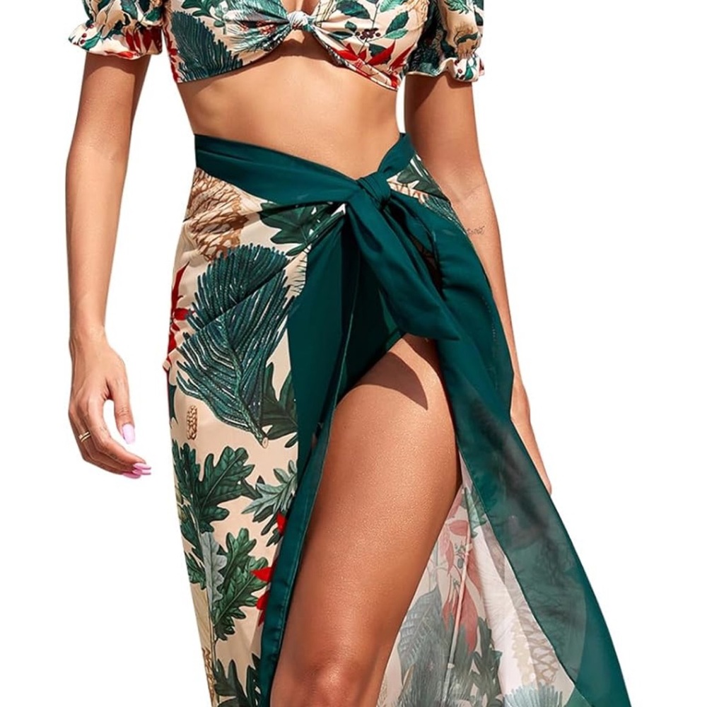 Tropical Green and Cream Bikini and Sarong Wrap